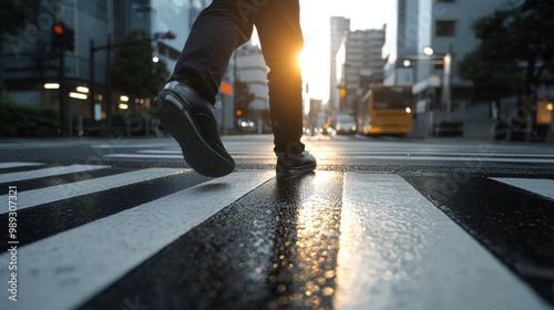 Urban Walker in Sunset Light on Crosswalk