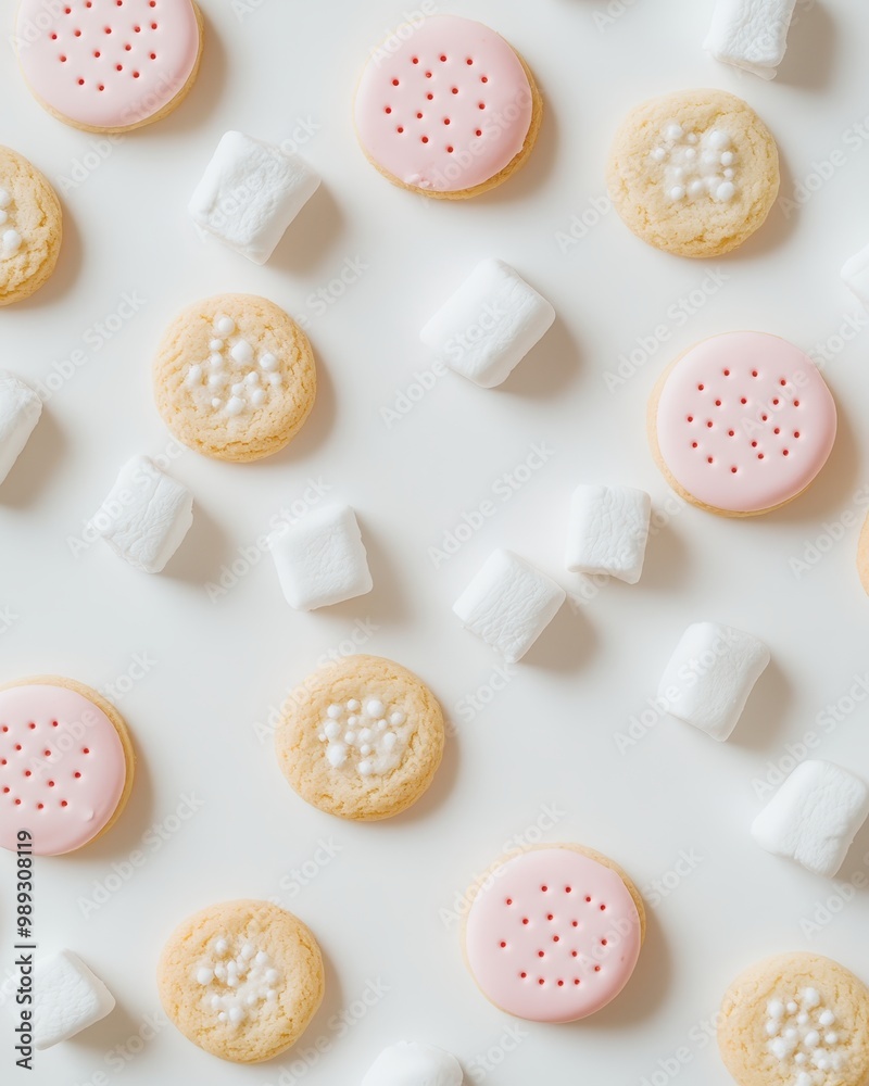 Fototapeta premium A flat lay of colorful cookies and marshmallows on a white surface.