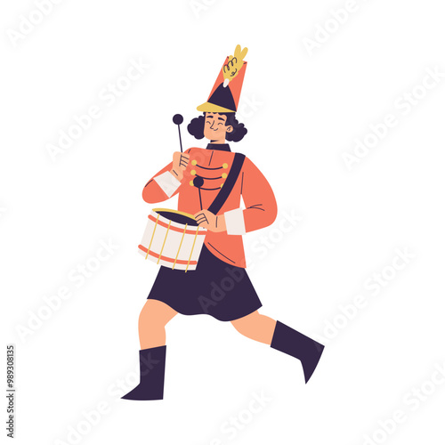 Orchestra with Marching Woman Character in Red Uniform with Drum Vector Illustration