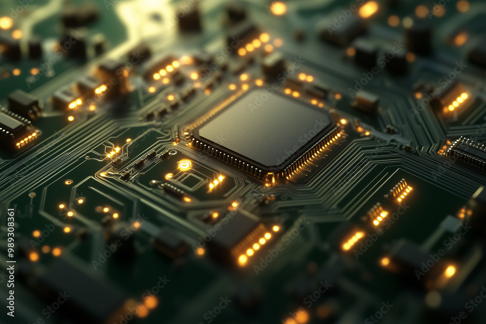 Macro shot of a glowing microchip on a circuit board, showcasing intricate details of advanced electronic components and cutting-edge technology Macro shot of a glowing microchip on a circuit board, showcasing intricate details of advanced electronic components and cutting-edge technology