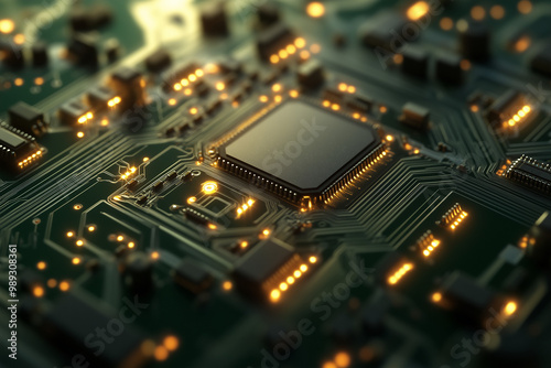 Macro shot of a glowing microchip on a circuit board, showcasing intricate details of advanced electronic components and cutting-edge technology