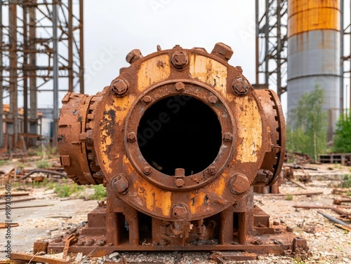 Rusty factory machines under a collapsing roof, Industrial ruins, Decaying industry photo