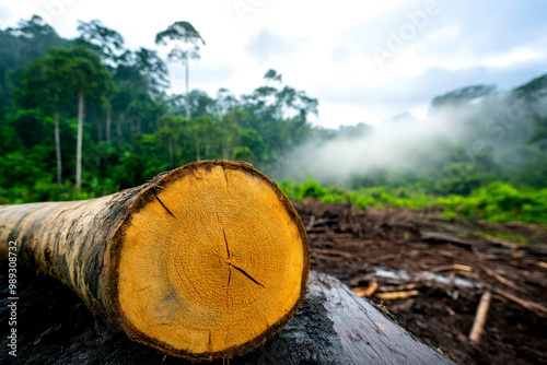 A close-up of a freshly cut tree trunk in a misty forest setting, showcasing nature's beauty and the impact of deforestation. photo