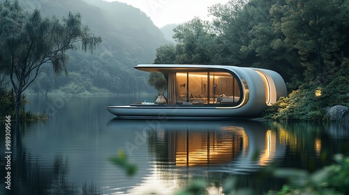 Floating eco cabin boat on a serene lake