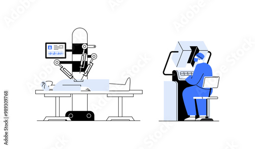 Robot performing surgery on patient lying on table Surgeon in blue operating the system. Ideal for medical technology future of healthcare robotics in medicine innovation surgery automation