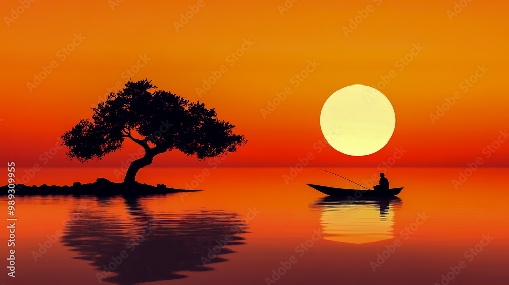 A small boat on the lake, with an old tree in front of it. The sunset glow creates a simple background. A small boat on the lake, with an old tree in front of it. The sunset glow creates a simple background.