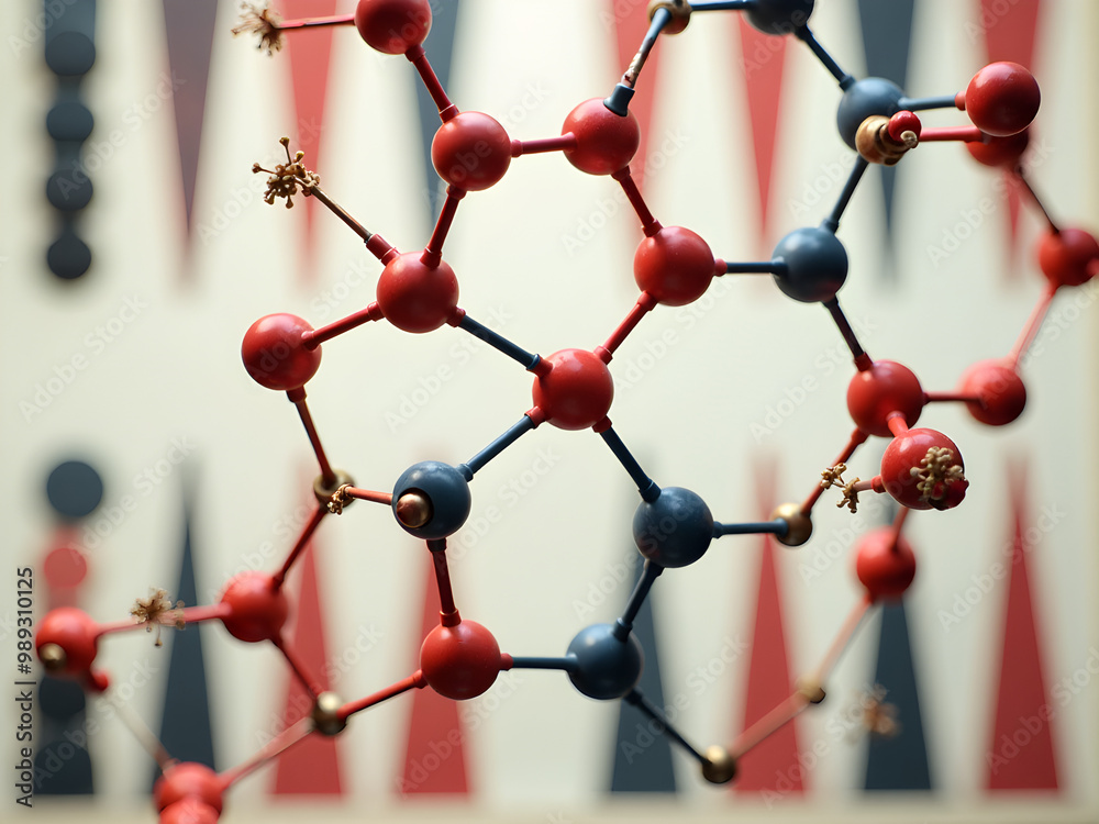 Vibrant 3D Molecular Structure with Interconnected Red and Blue Atoms, Metallic Connectors, and Geometric Background Patterns for Scientific Exploration and Innovation Imagery Vibrant 3D Molecular Structure with Interconnected Red and Blue Atoms, Metallic Connectors, and Geometric Background Patterns for Scientific Exploration and Innovation Imagery
