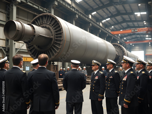 Group of Naval Officers in Formal Uniforms in Shipyard Setting Facing Large Cylindrical Structure, Possible Submarine or Missile, Surrounded by Modern Machinery and Overhead Cranes, Military