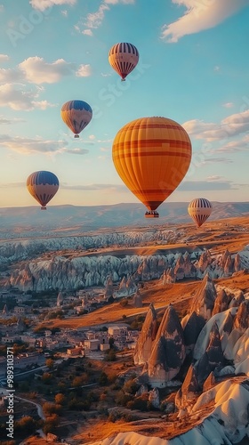 Inspiring landscape of Cappadocia with hot air balloons and old cave city