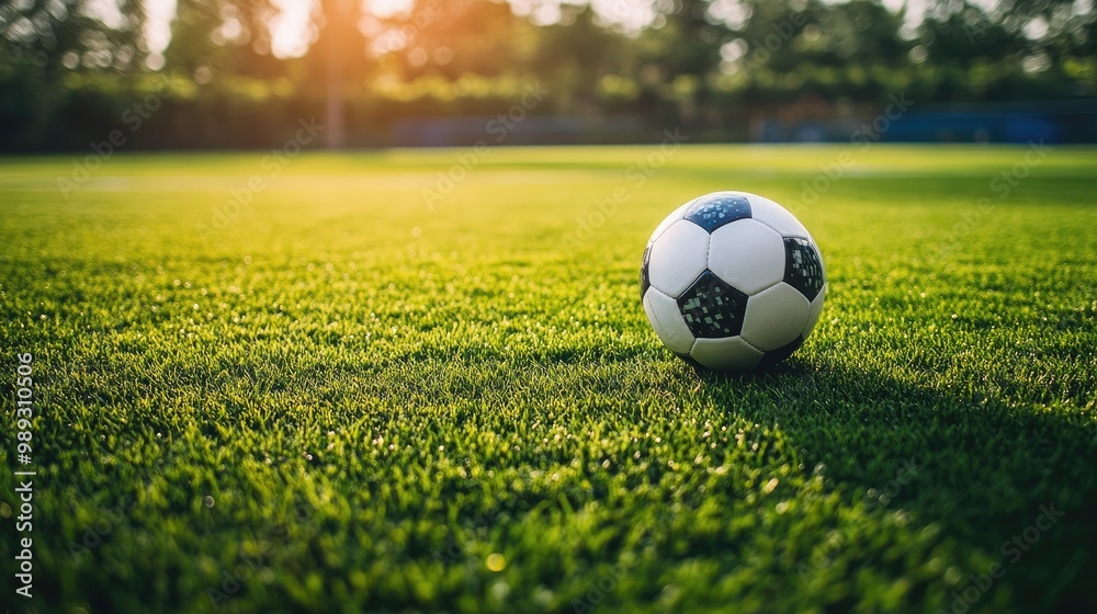 Fototapeta premium Close-up of a soccer ball on a grassy field, with space above for text, capturing the anticipation before a match starts.