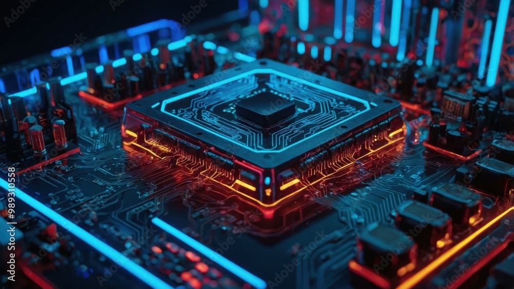 Close-up of an advanced microchip on a circuit board, illuminated by vibrant neon blue and red lights, symbolizing technology innovation.
