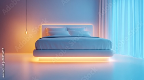 A bed with a lighted headboard and pillows in the middle of room, AI