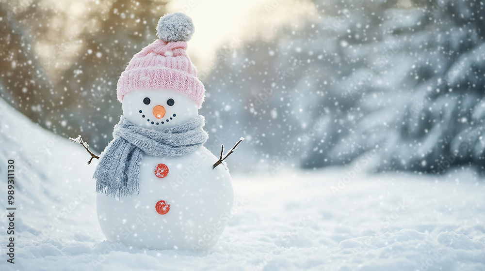 Fototapeta premium A snowman adorned with a pink hat and gray scarf, standing joyfully in a snowy landscape with copy space for mockup