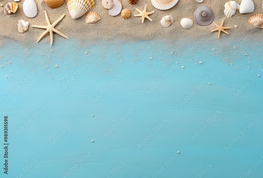 Seashells and Sand on Turquoise Background Seashells and Sand on Turquoise Background