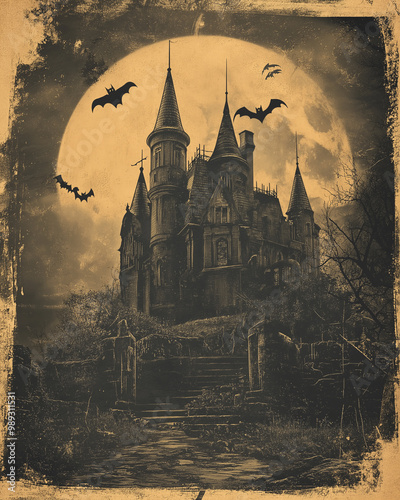 Vintage engraved Halloween castle, Vector illustration of mystical haunted castle in engraving style photo