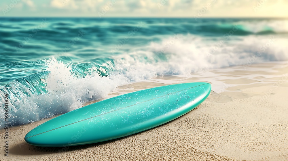 Vibrant Surfboard on Sunny Beach - Summer Fun 3D Render with Waves, Vector Graphics Vibrant Surfboard on Sunny Beach - Summer Fun 3D Render with Waves, Vector Graphics