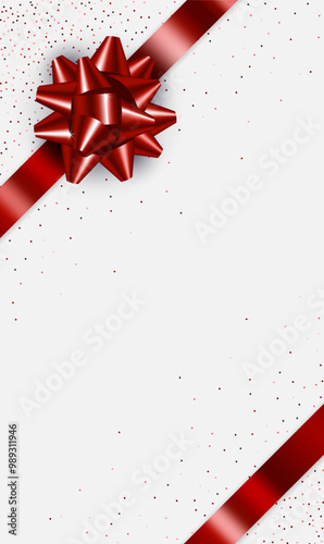Vector vertical template with Realistic classic red shiny gift bow, ribbon and glitter isolated on white background with copy space. Greeting card, gift, promotion. Merry Christmas, Birthday backdrop