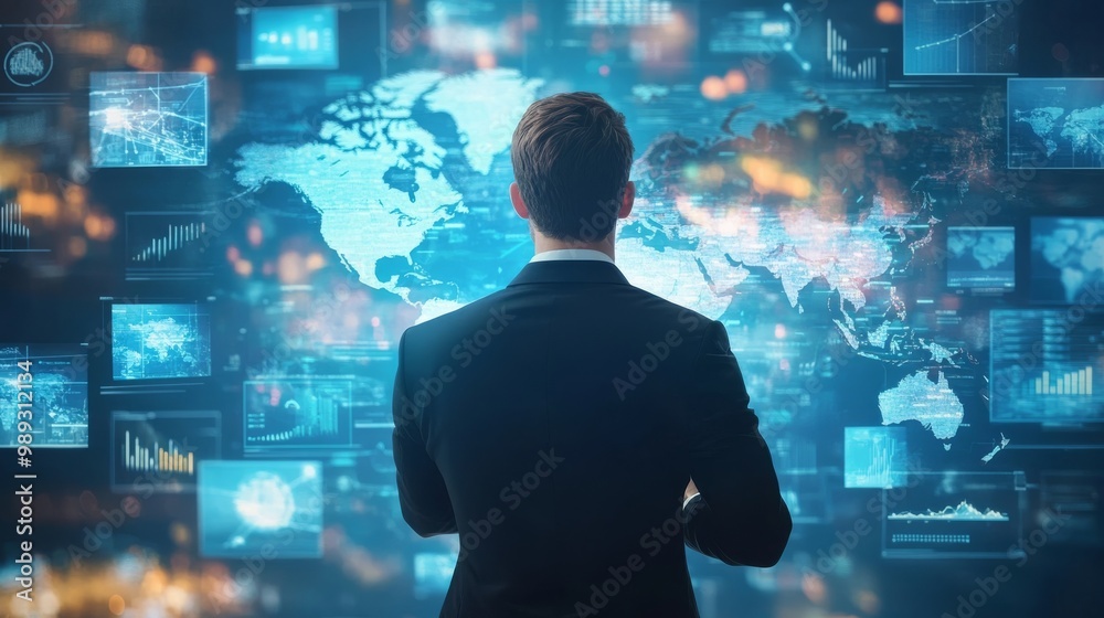 World map and virtual screen assist businessman. World map and virtual screen assist businessman.