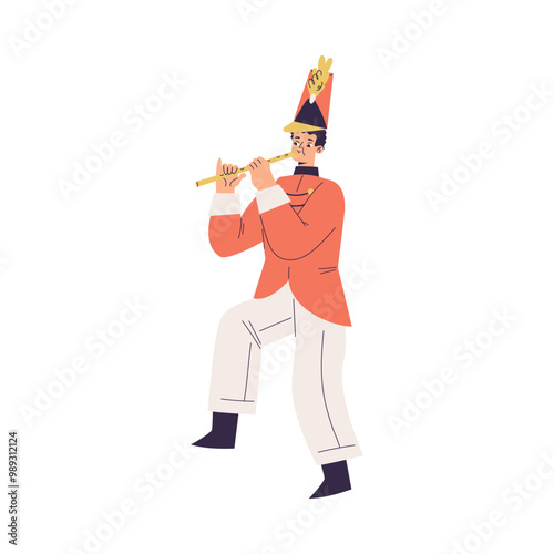 Orchestra with Marching Man Character in Red Uniform with Flute Vector Illustration