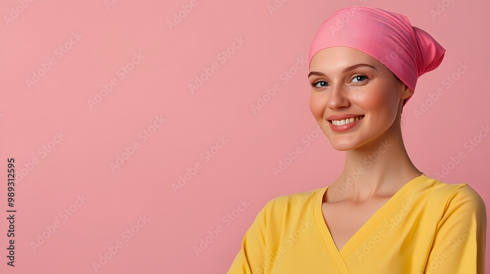 A smiling woman in a pink headscarf and yellow top, set against a soft pink background, radiates confidence and positivity. A smiling woman in a pink headscarf and yellow top, set against a soft pink background, radiates confidence and positivity.