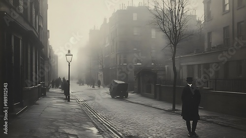 A foggy street scene with a solitary figure, vintage vehicles, and a moody atmosphere.