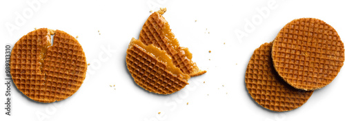 Photos Set of Stroopwafels with Caramel Filling and Broken Pieces