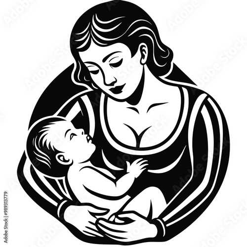 Breastfeeding mother newborn baby health care vector icon logo