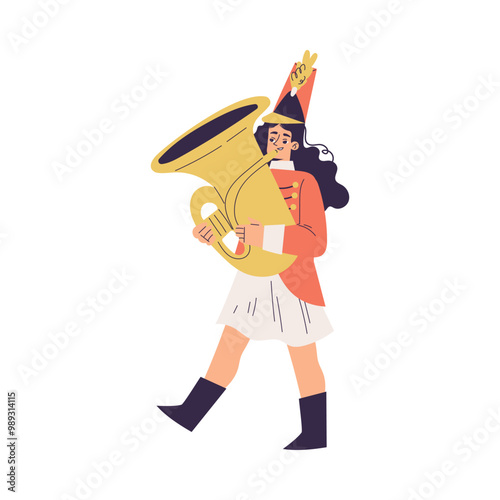 Orchestra with Marching Woman Character in Red Uniform with Trombone Vector Illustration