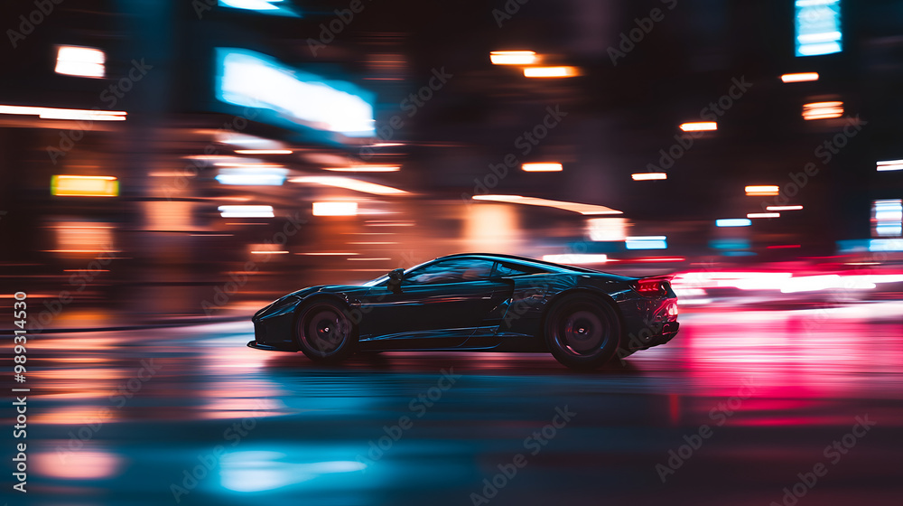 Fototapeta premium A sleek sports car drifting around a street corner under the glow of streetlights.