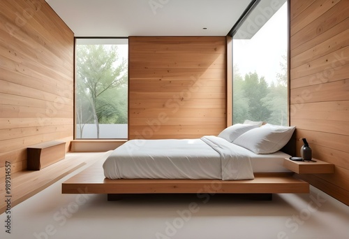 A minimalist bedroom with a wooden wall, a low platform bed, and a large window letting in natural light  photo