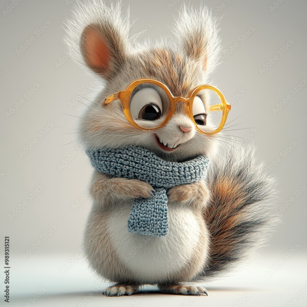 Cute animated squirrel wearing large glasses and a knitted scarf, blending charm with modern appeal. ideal for posters, cards, and various print designs. Cute animated squirrel wearing large glasses and a knitted scarf, blending charm with modern appeal. ideal for posters, cards, and various print designs.