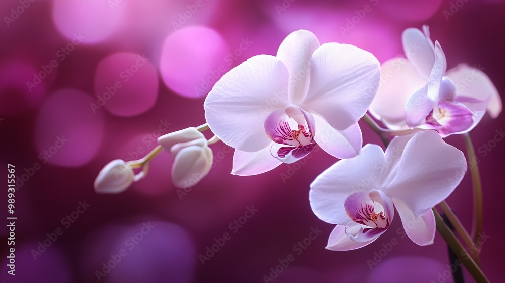 Fototapeta premium A close up of a pure white orchid against a dark plum background, emphasizing its elegance and pristine beauty