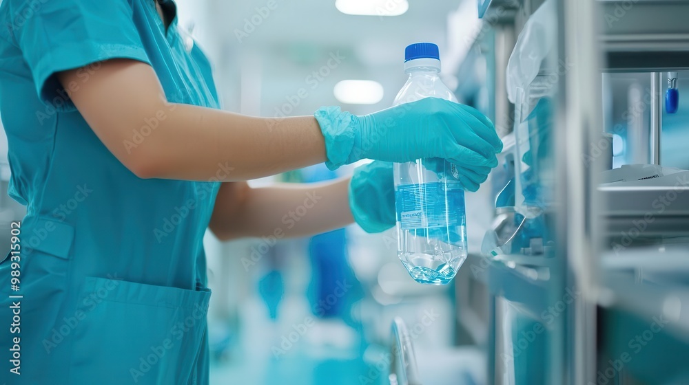 Fototapeta premium Hospital worker disinfecting medical equipment, Medical hygiene, Infection control