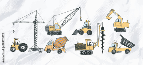Vector doodle sketch of various heavy construction vehicles, including cranes, excavators, trucks, and loaders, in hand-drawn style on crumpled paper background
