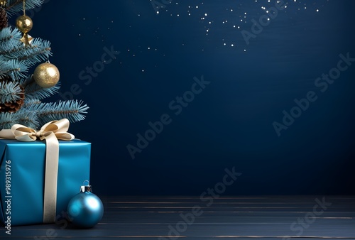 Minimalist Blue Christmas Background with Gift & Ornament