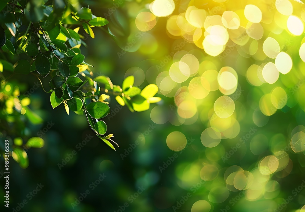 Fototapeta premium Green Leaves Bokeh Background With Sunlight