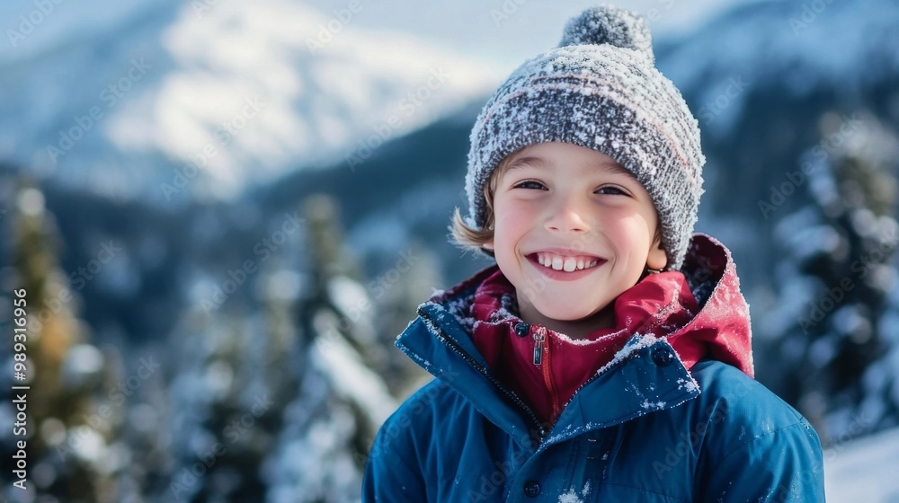 Happy white boy in winter gear on mountain Happy white boy in winter gear on mountain