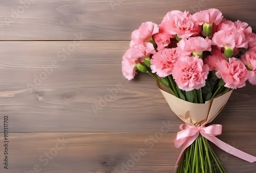 Pink Carnations Bouquet on Rustic Wood Background