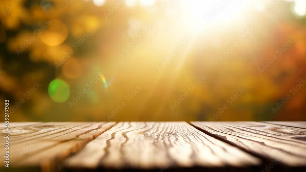 A wooden table with a view of trees and a bright sun. The table is empty and the view is of a forest with trees in the background