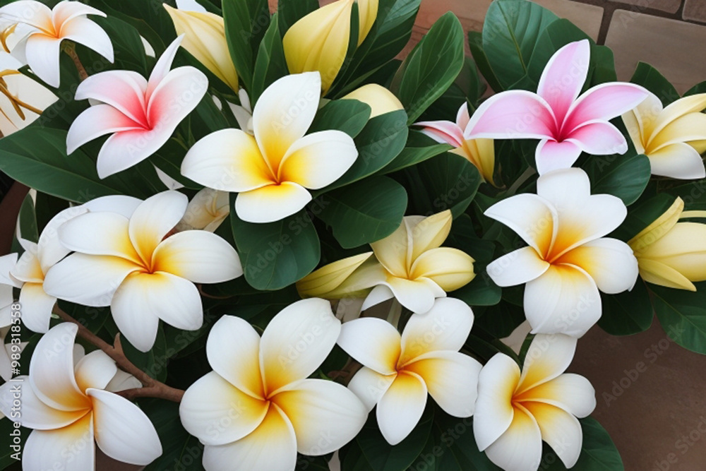Fototapeta premium A group of gorgeous frangipani flowers in the garden