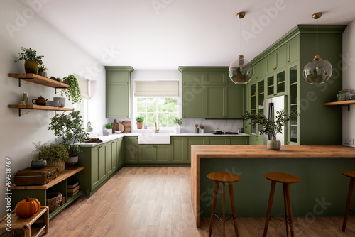 A Modern Green Kitchen Featuring Natural Elements, Ample Open Space, and Stylish Design