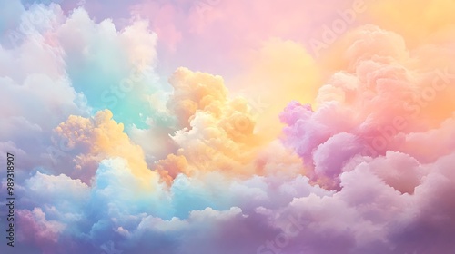 A vibrant, dreamy sky filled with colorful clouds in pastel hues, evoking a sense of tranquility and wonder.