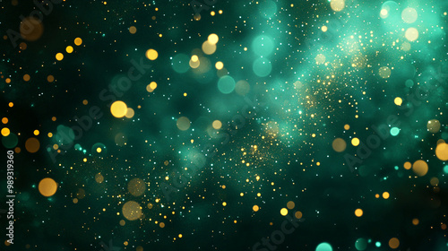Green gold glow particle abstract bokeh with dark background and copy space, creating a vibrant and shimmering effect ideal for festive and celebratory themes.