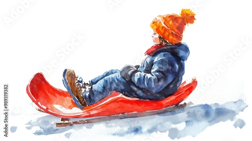 A child in a cozy winter outfit enjoys sledding down a snowy slope, seated on a bright red sled. The scene captures the joy of winter activities and playful moments in the snow. photo