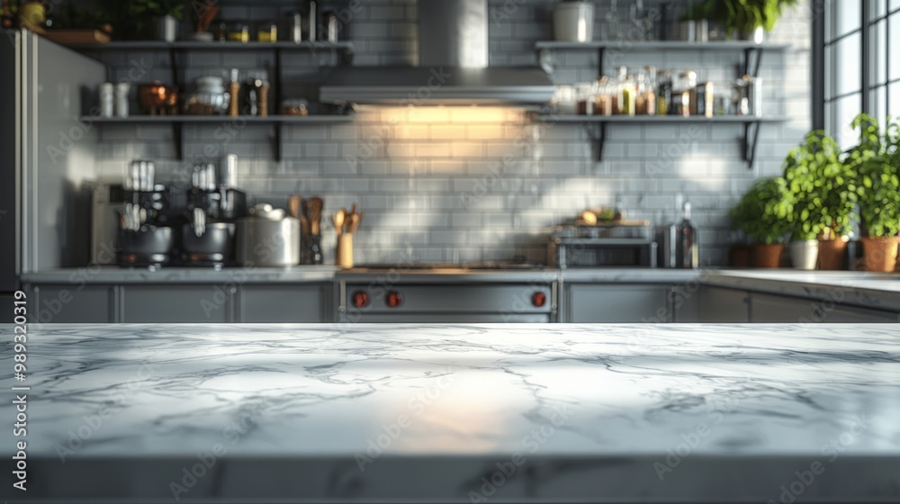 Modern kitchen with marble countertop and stainless steel appliances