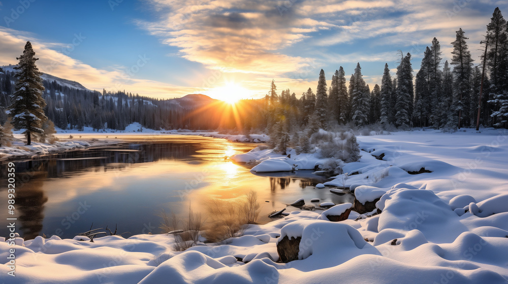 Obraz premium Stunning winter sunset over river with snowy banks and trees reflecting in tranquil water