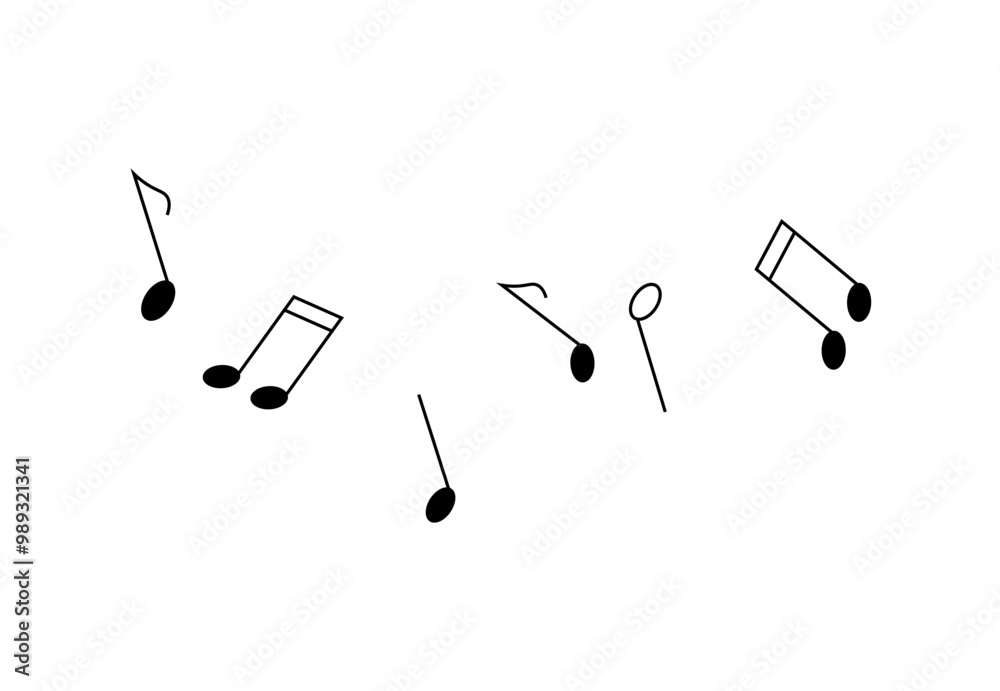 Fototapeta premium Simple black music notes on a white background scattered randomly around. Ideal for music education graphics, musical event flyers, app icons, wallpaper design, and stationary decoration. Minimalist