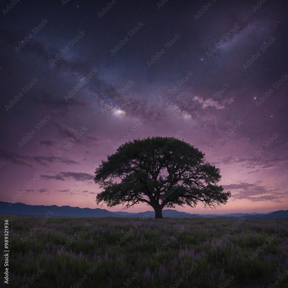 Lone oak tree silhouetted against dramatic purple and blue sky with stars, set in field of tall grass Lone oak tree silhouetted against dramatic purple and blue sky with stars, set in field of tall grass