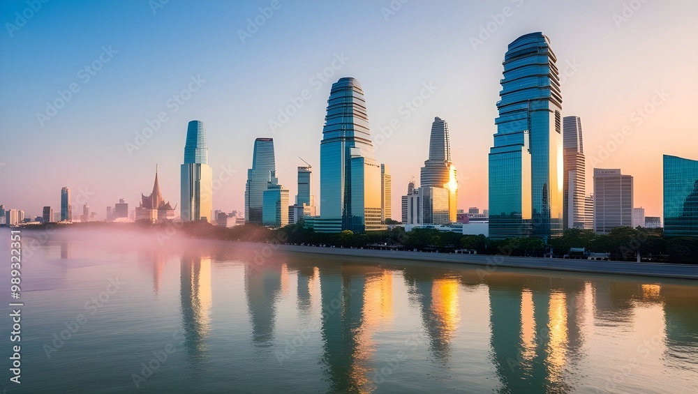 Obraz premium Bangkok City Sunrise Reflection on River, Panoramic View of Light Blue Background, Glass High-Rise Building Skyscraper, Commercial Future, Business Concept of Success, Industry Tech Architecture