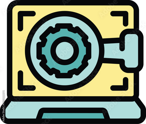 Laptop is being accessed with a combination lock gear mechanism, symbolizing digital security and data protection